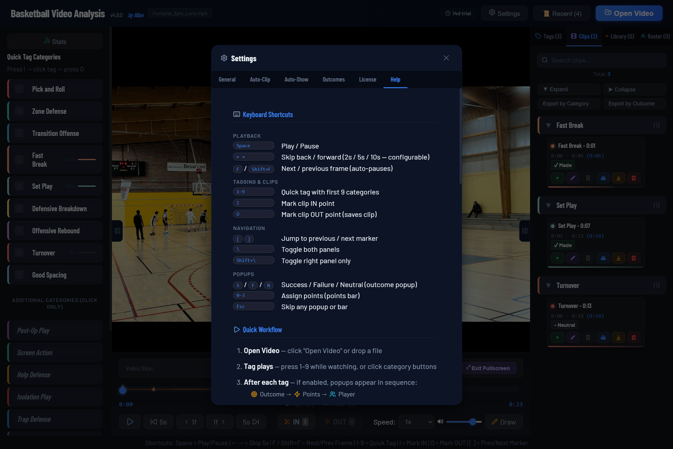 Basketball Video Analysis settings